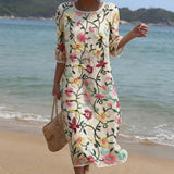 Damen Floral-Kleid, Rundhalsausschnitt, Kurzarm, knielang; creme mit bunten Blumen