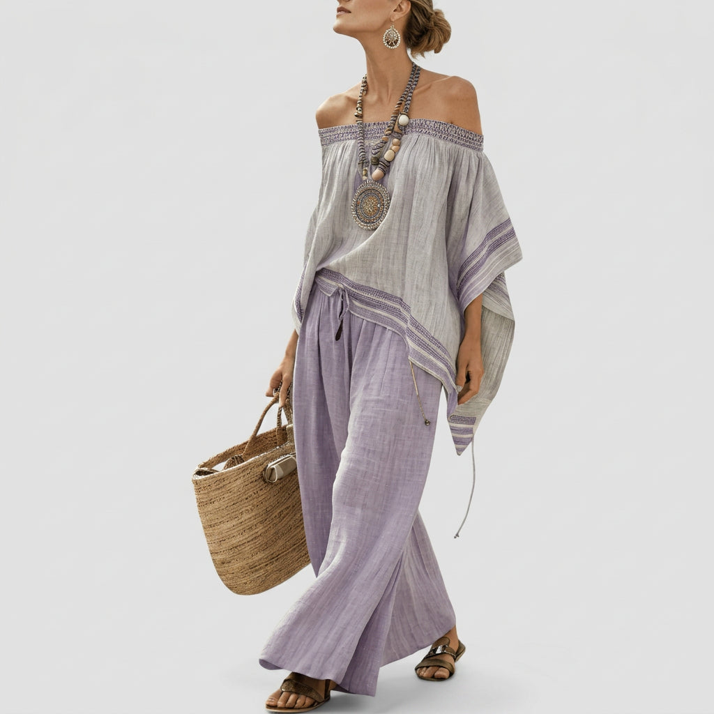 Lila Off-Shoulder-Bluse und weite Hose im Boho-Stil, mit kontrastierten Streifen