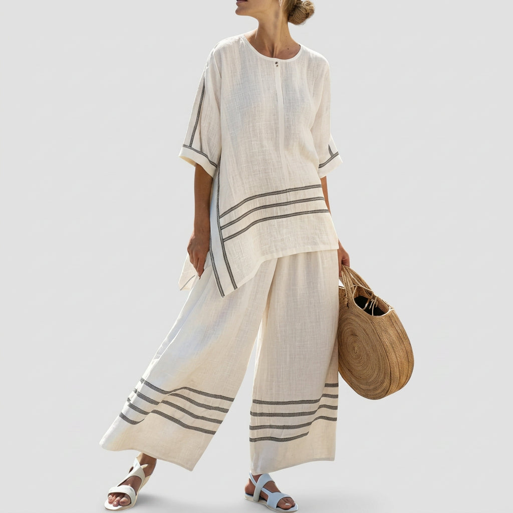 Cláudia Bequemes Set mit Tunika und weiter Hose, gestreift, weiß