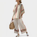 Set aus Bluse und Hose: Offwhite mit roten und grünen Streifen, weite Passform