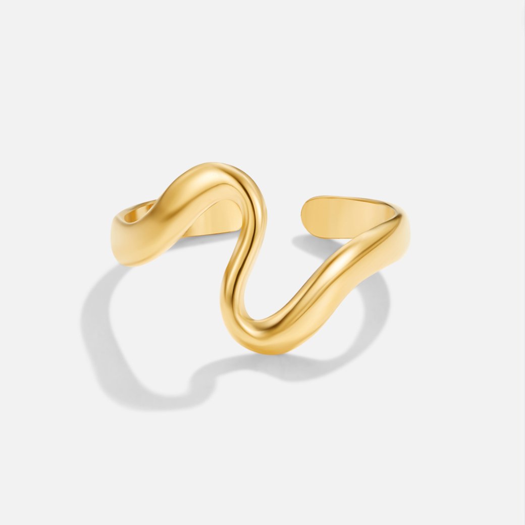 Wellenförmiger Goldring mit geschwungenem Design, offen gearbeitete Form