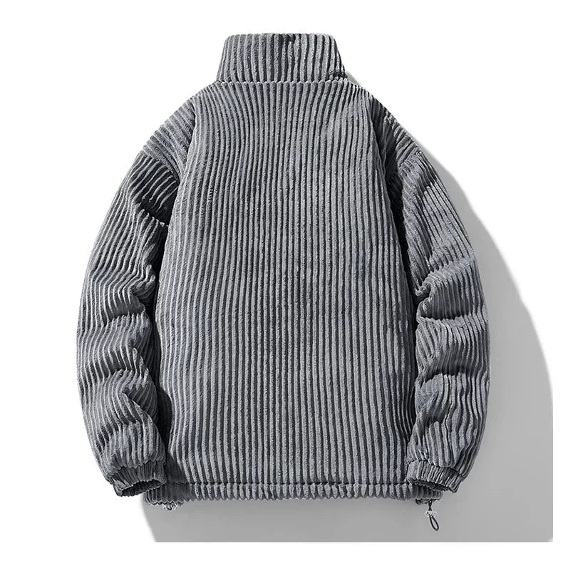 Cordjacke mit Stehkragen, graue gerippte Cord-Optik, Reißverschluss vorn