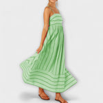 Maxi-Kleid mit Spaghettiträgern, grün geringelt, weiter Glockenrock mit gestreiftem Saum