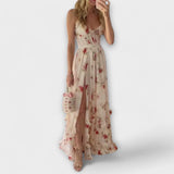 Ärmelloses Maxikleid mit Blumenmuster, helles Rosé/Creme, vorn mit Schlitz