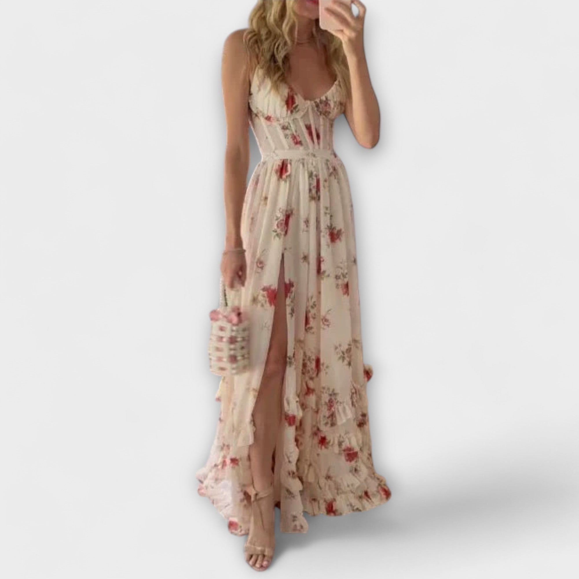 Ärmelloses Maxikleid mit Blumenmuster, helles Rosé/Creme, vorn mit Schlitz