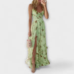 Ärmelloses Maxikleid mit Blumenmuster, hellgrün, Vorderseite mit Schlitz und Volants