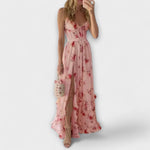 Ärmelloses Maxikleid mit Blumenmuster, rosafarben, breiter Saum mit Volants und Schlitz