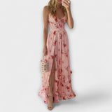 Ärmelloses Maxikleid mit Blumenmuster, rosafarben, breiter Saum mit Volants und Schlitz