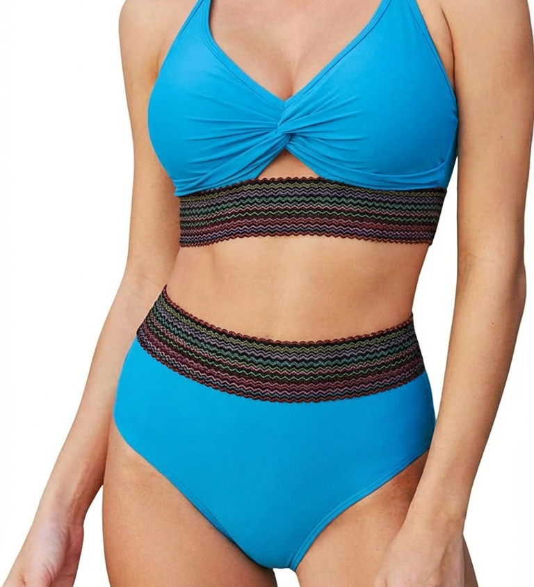 Blauer Bauch-Weg-Bikini mit Knoten-V-Ausschnitt und Zierstreifen-Bund