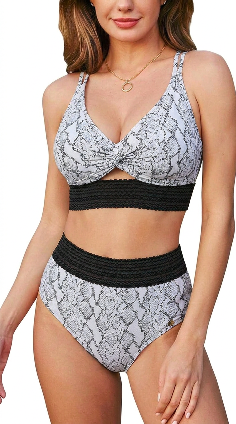 Grau-melierter Bauch-Weg-Bikini mit Schlangenhautmuster, V-Ausschnitt und Zierstreifen-Bund