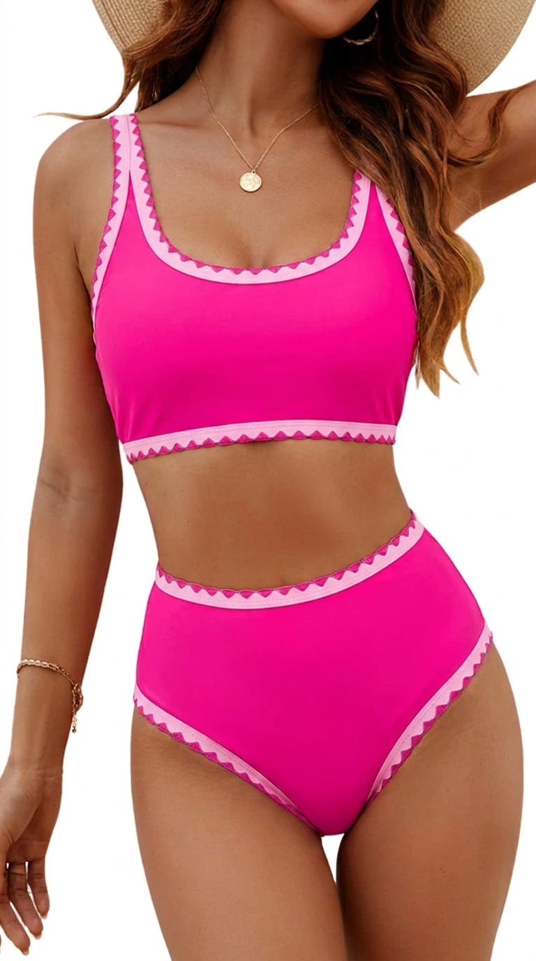 Bauch-Weg-Bikini in Rosa mit weißem Zackenband, Neckholder-BH und hohen Slips