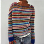 Pullover mit langen Ärmeln und bunten Horizontalstreifen auf mehrfarbigem Strick