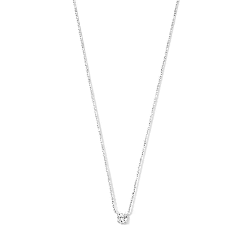 Halskette mit feiner Kette und kleinem Anhänger mit rundem Stein in Weißgold
