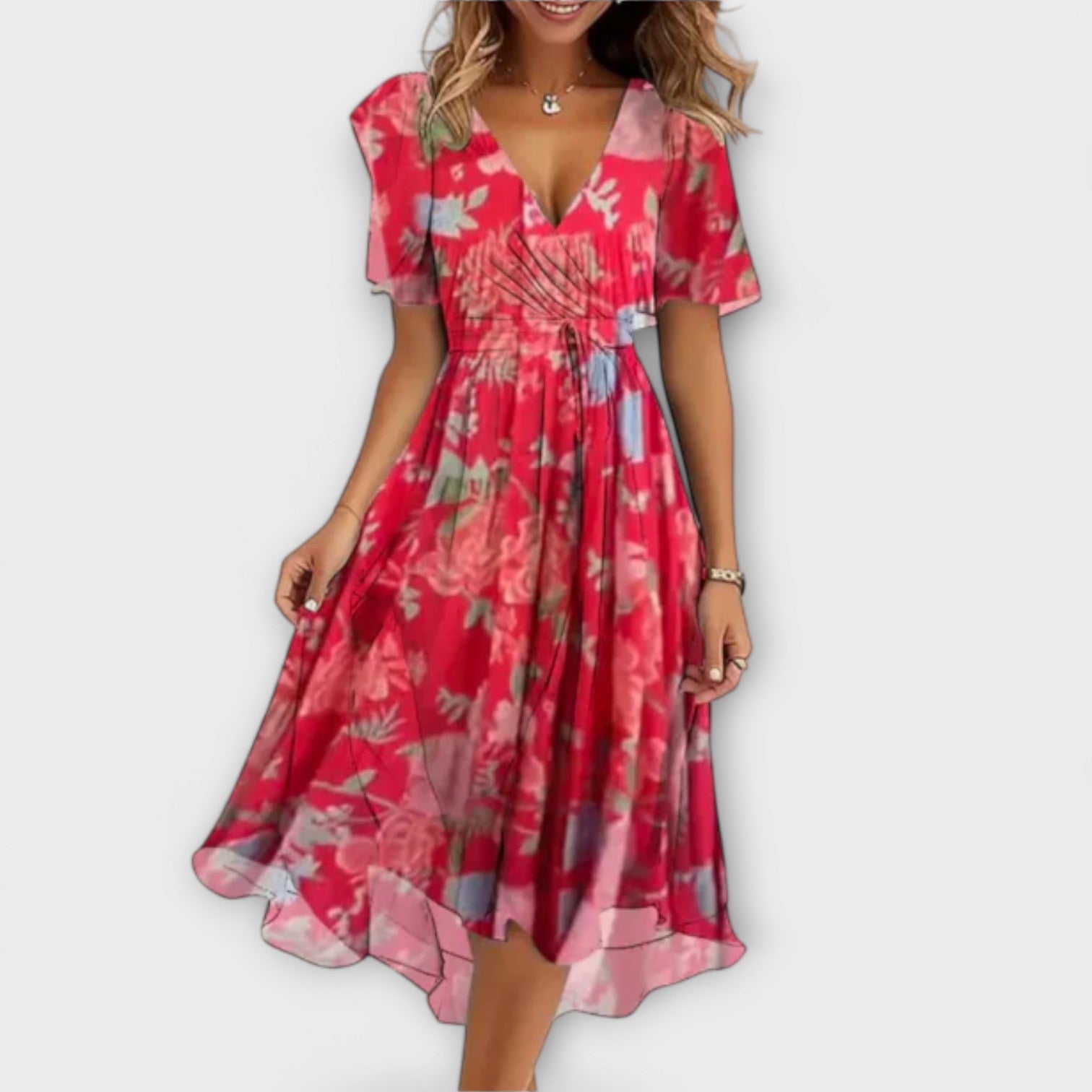 Rosa Damenkleid mit V-Ausschnitt, kurzen Ärmeln und geraffter Taille
