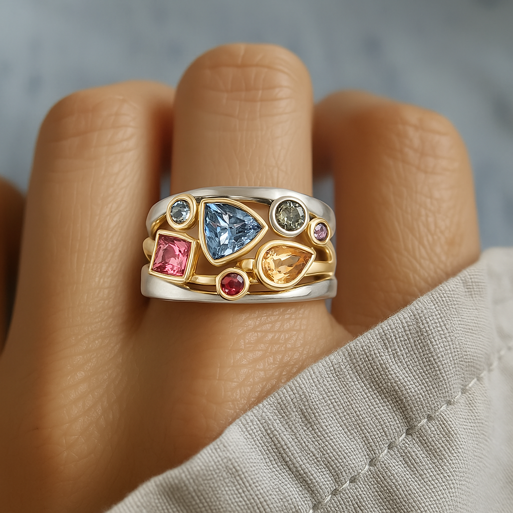 Silberfarbener Vintage-Ring mit goldfarbenen Fassungen und bunten Zirkonia, mittig blau
