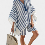 Gestreiftes Blusen-Shorts-Set mit Zipfelärmeln, blau-weiße Streifen; passende Shorts