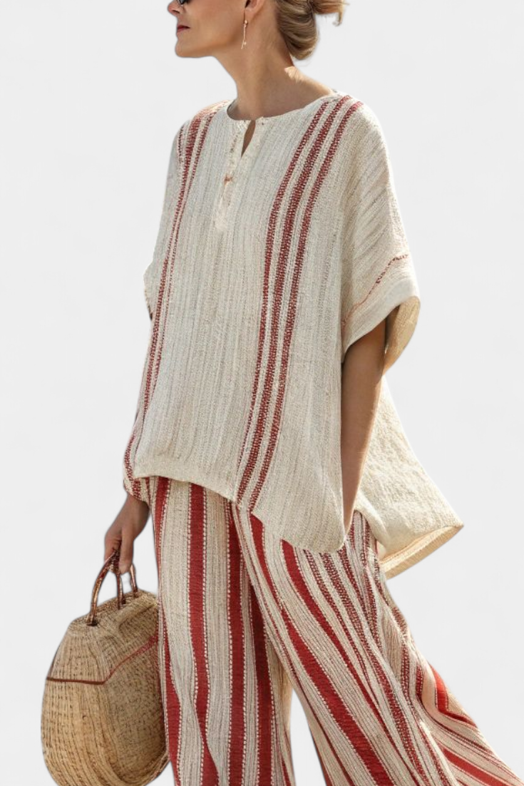 Gestreiftes Set: lockere Tunika mit kurzen Ärmeln und weite Hose, creme und rot
