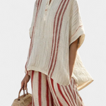 Gestreiftes Set: lockere Tunika mit kurzen Ärmeln und weite Hose, creme und rot