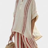 Gestreiftes Set: lockere Tunika mit kurzen Ärmeln und weite Hose, creme und rot