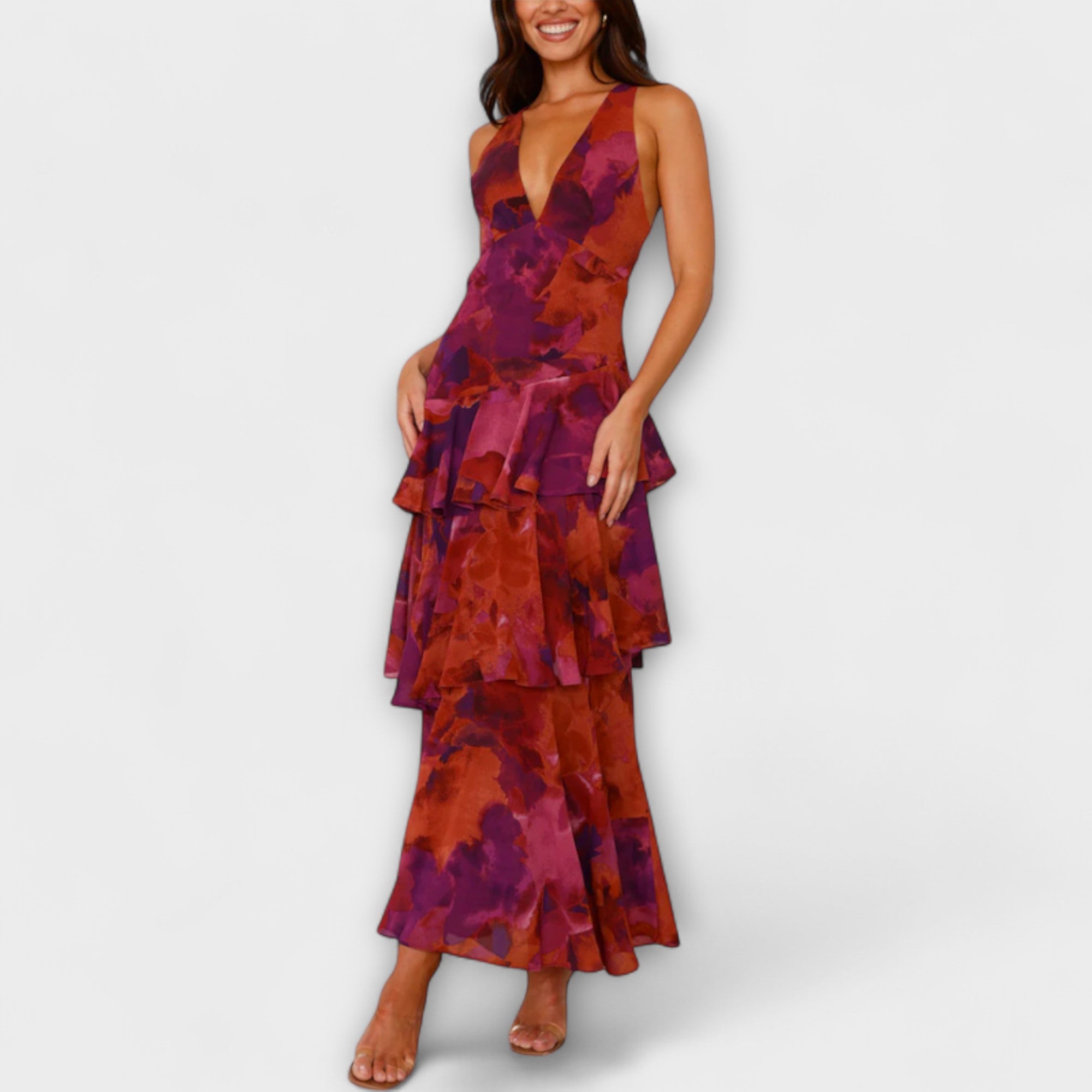 Violett-rot gemustertes Chiffonkleid mit V-Ausschnitt und fallenden Volants