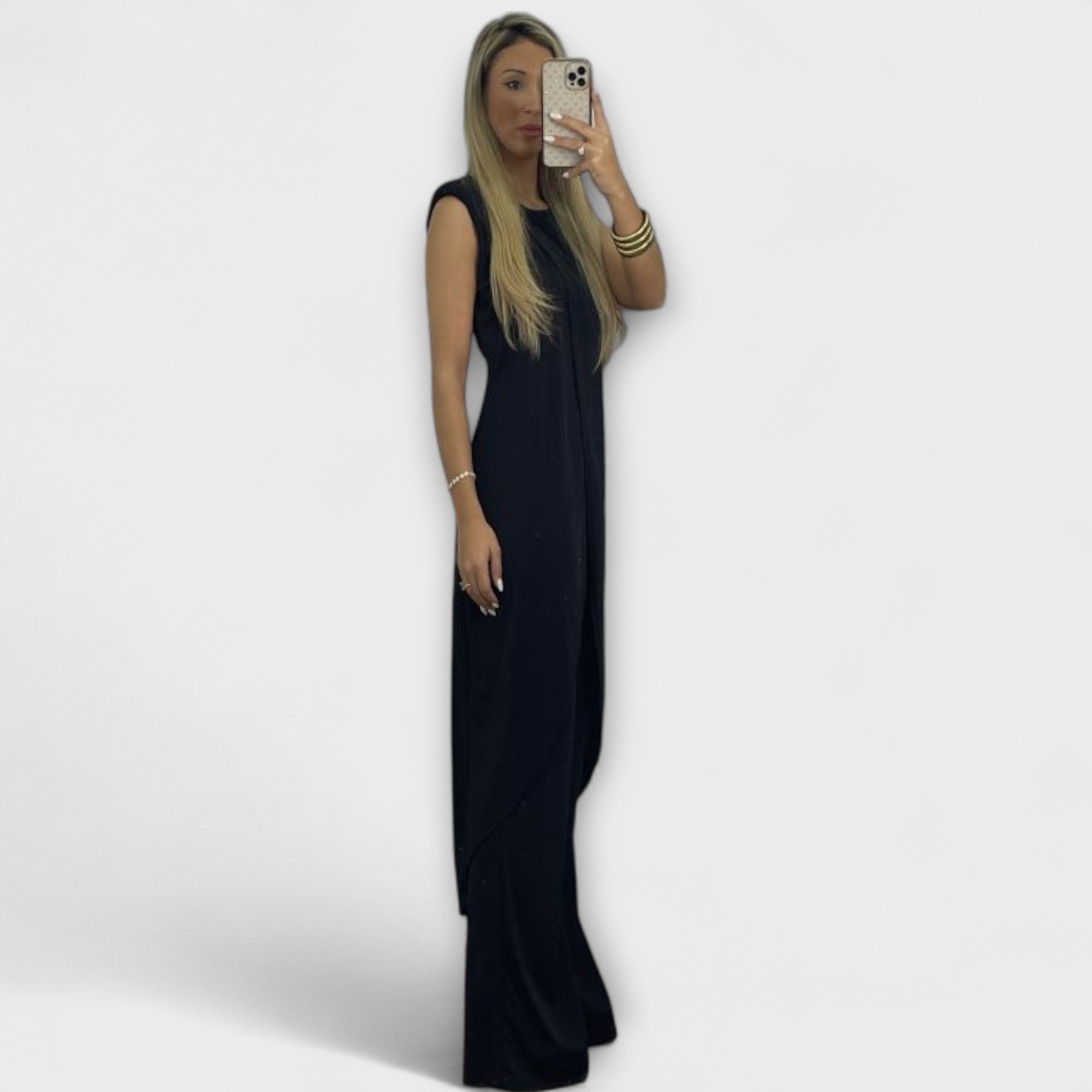 Ärmelloser Maxi-Jumpsuit in Dunkelblau mit Drapé und seitlichem Schlitz