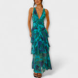 Türkisfarbenes Chiffonkleid mit V-Ausschnitt und mehrlagigem Volantrock, Träger