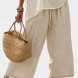 Beige weite Hose im Set mit lockerer Bluse: geräumige Beinweite, lang geschnitten