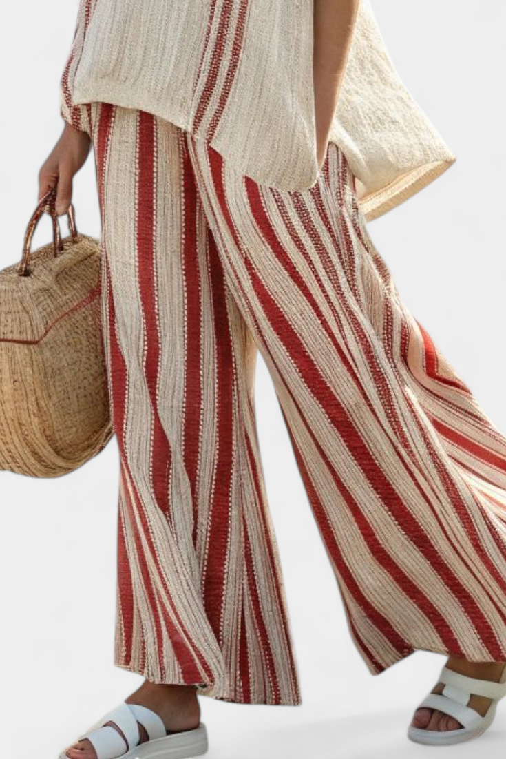 Weite Hose mit Tunika-Hemdetail im Streifenmuster, creme mit roten vertikalen Linien