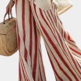 Weite Hose mit Tunika-Hemdetail im Streifenmuster, creme mit roten vertikalen Linien
