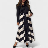 Langes Hemdblusenkleid in Schwarz mit horizontalen Streifen, Knopfleiste und Bindegürtel