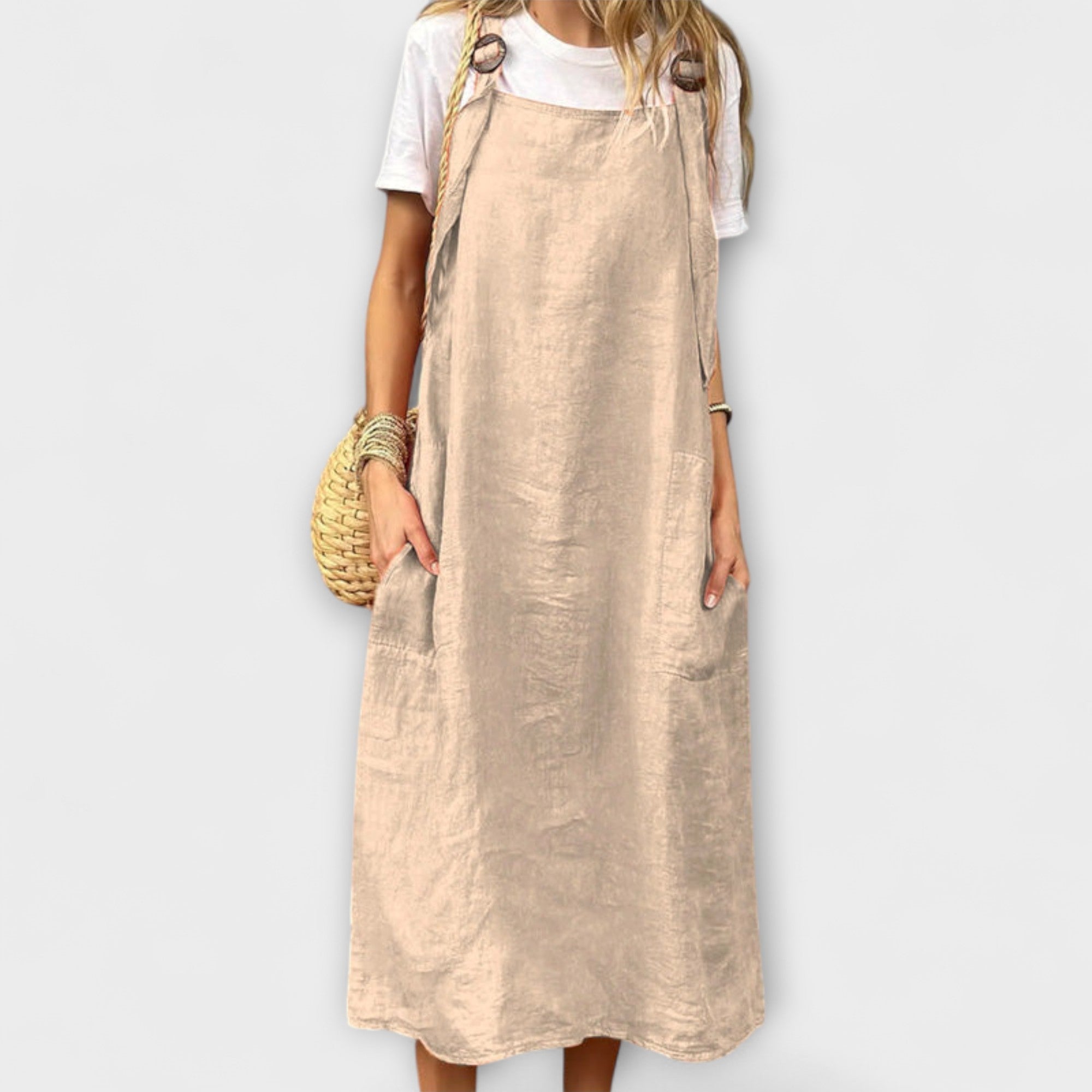 Beige Leinen-Salopette mit verstellbaren Trägern und Fronttaschen