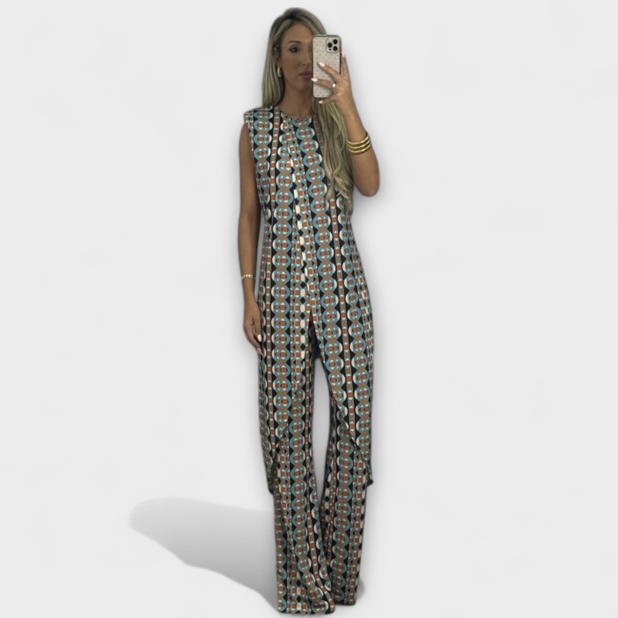 Ärmelloser Maxi-Jumpsuit mit blau-grünem Muster und weitem Bein