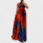 Maxikleid aus Chiffon mit Blumenmuster, rot, orange und dunkelblau