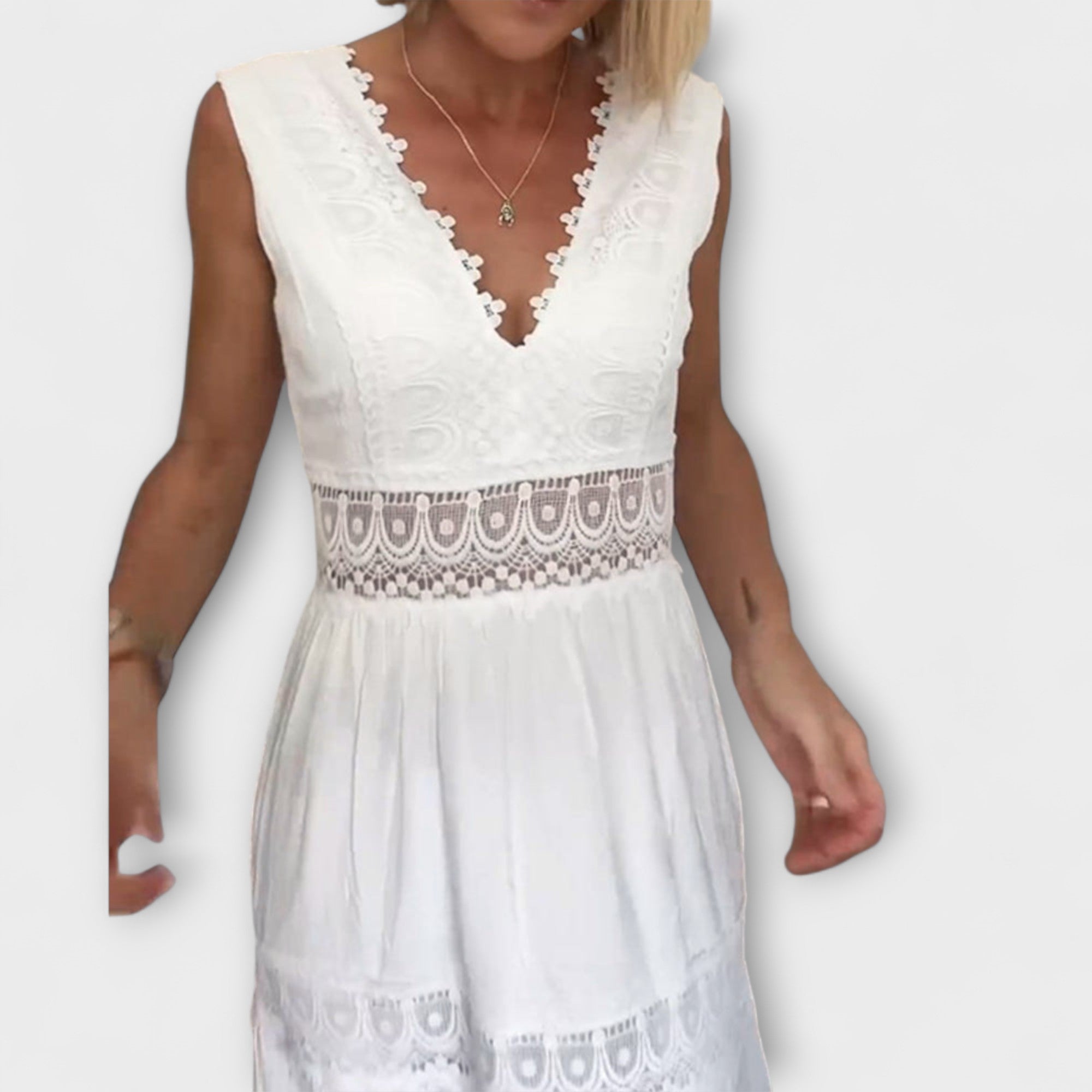 Weißes ärmelloses Midikleid mit besticktem Oberteil, V-Ausschnitt und Spitzensaum