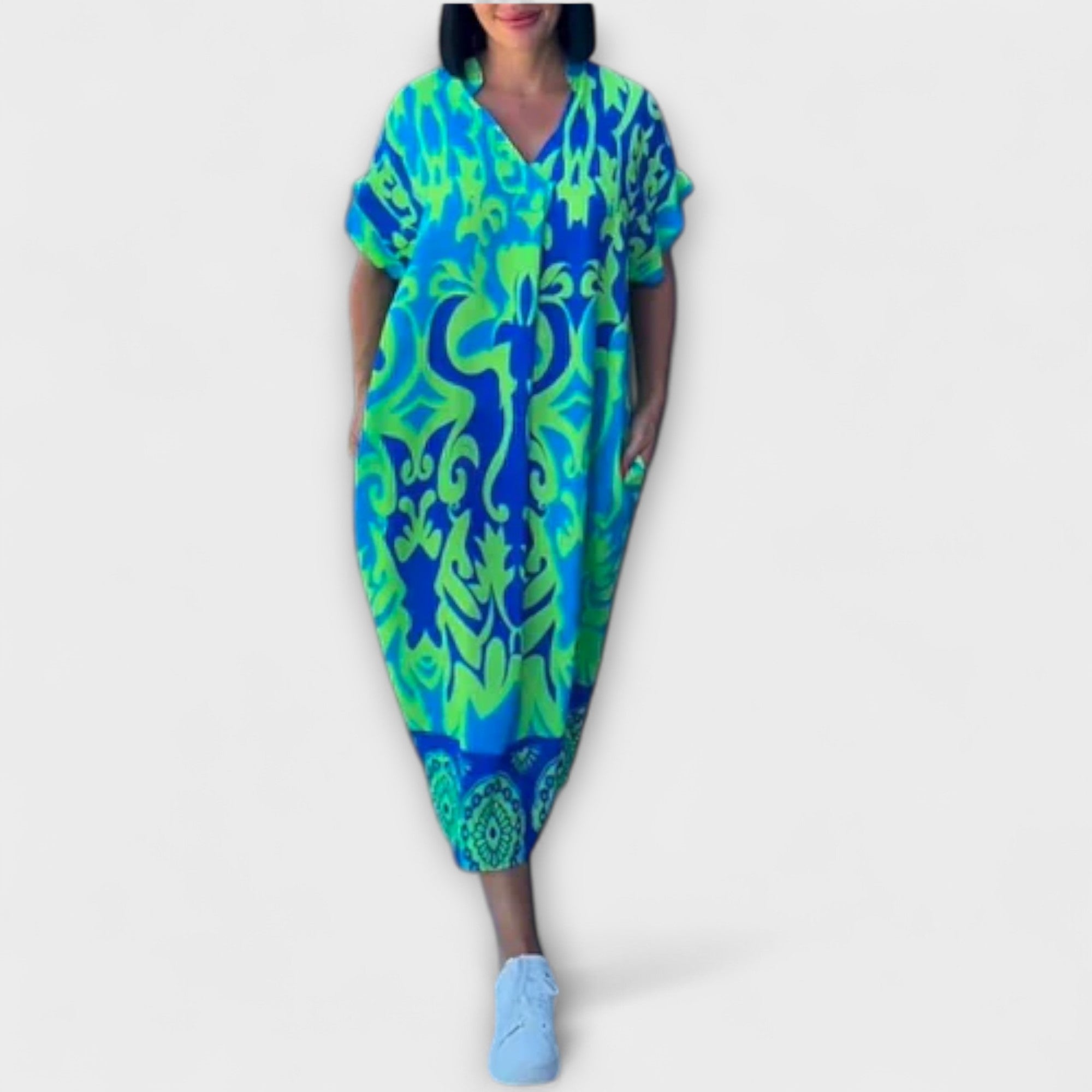 Blumenkleid mit V-Ausschnitt, kurze Ärmel, türkis-grüner Blumen-Ornamentdruck
