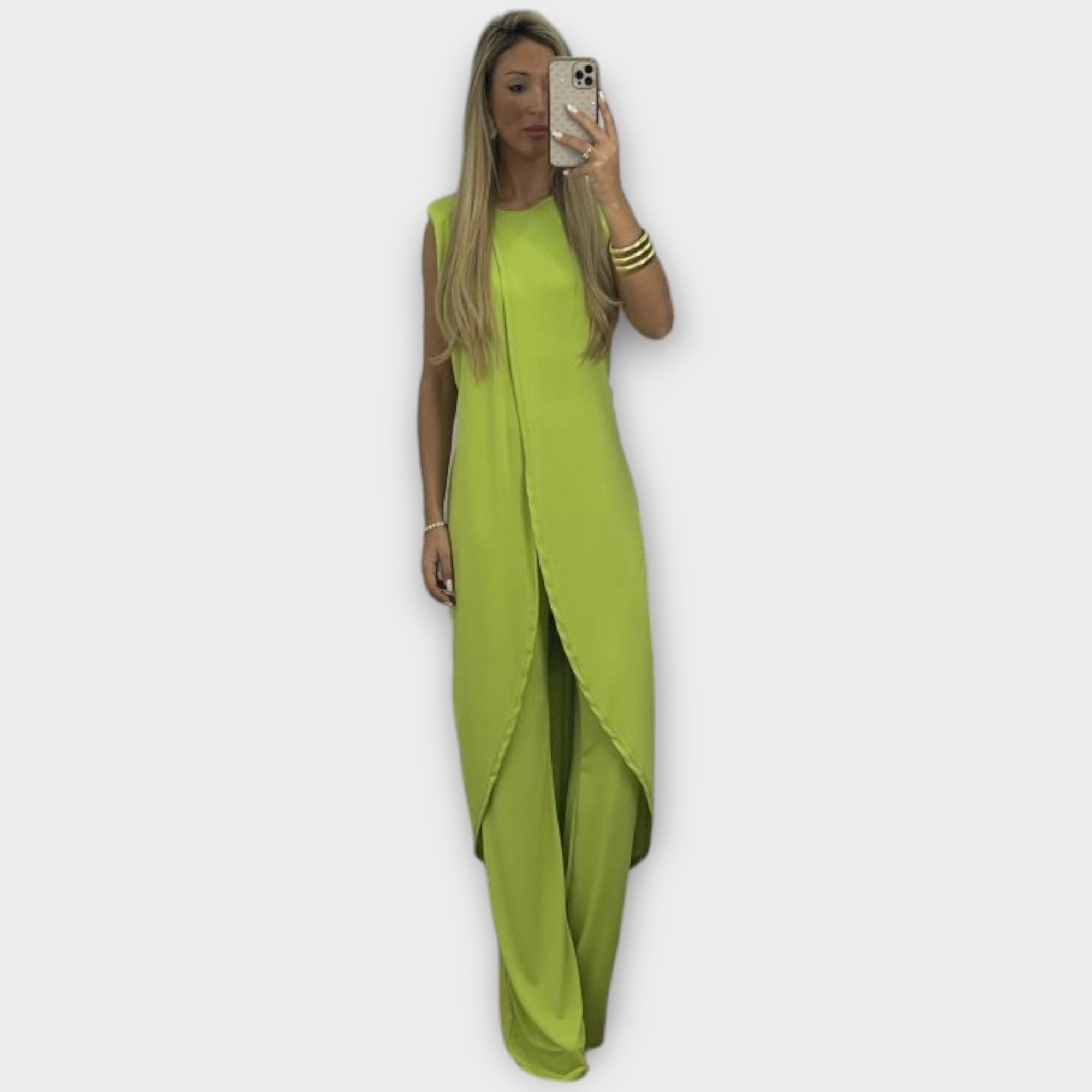 Ärmelloser Maxi-Jumpsuit in Grün mit Schlitz vorn