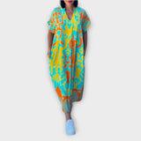Blumenkleid mit V-Ausschnitt und kurzen Ärmeln, orange-gelber Blumen-Ornamentprint