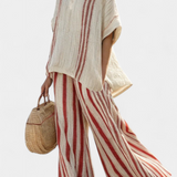 Tunika-Top und weite Hose im gestreiften Look, cremefarben mit roten Streifen