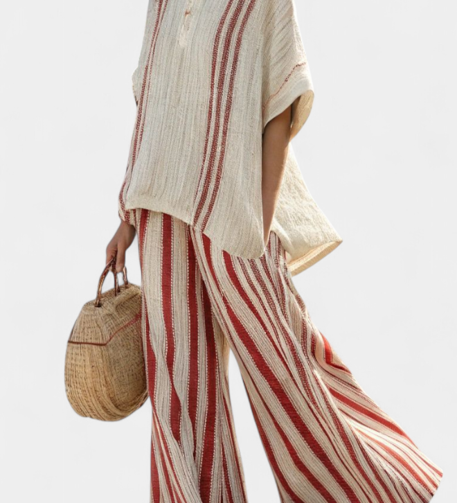 Tunika-Top und weite Hose im gestreiften Look, cremefarben mit roten Streifen