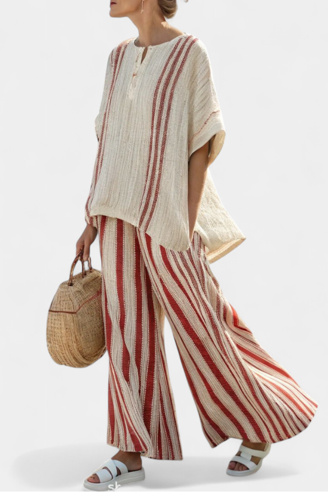 Tunika-Top und weite Hose im gestreiften Look, cremefarben mit roten Streifen
