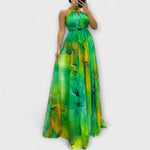 Maxikleid aus Chiffon mit Blumenmuster, grün mit gelben Akzenten, ärmellos