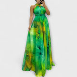 Maxikleid aus Chiffon mit Blumenmuster, grün mit gelben Akzenten, ärmellos