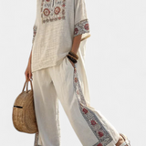 Set aus Bluse und Hose mit Bordürenmuster an Ärmeln und Hosenbein, leichter Fall