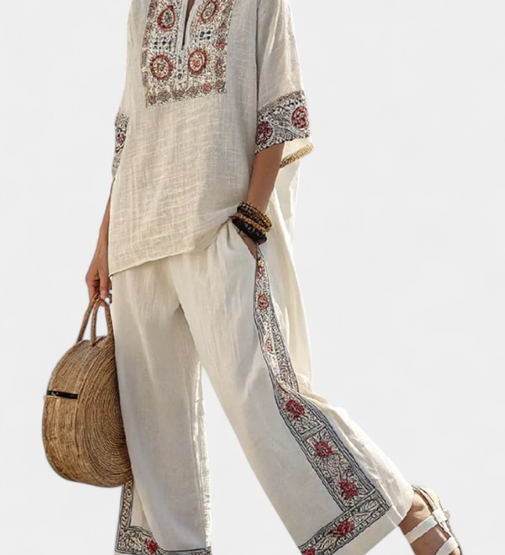 Set aus Bluse und Hose mit Bordürenmuster an Ärmeln und Hosenbein, leichter Fall