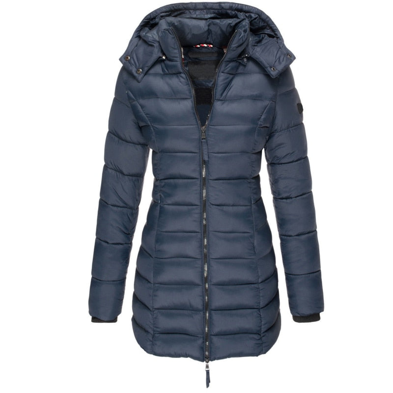 Elise lange Daunenjacke mit Kapuze, Steppung und Reißverschluss, dunkelblau