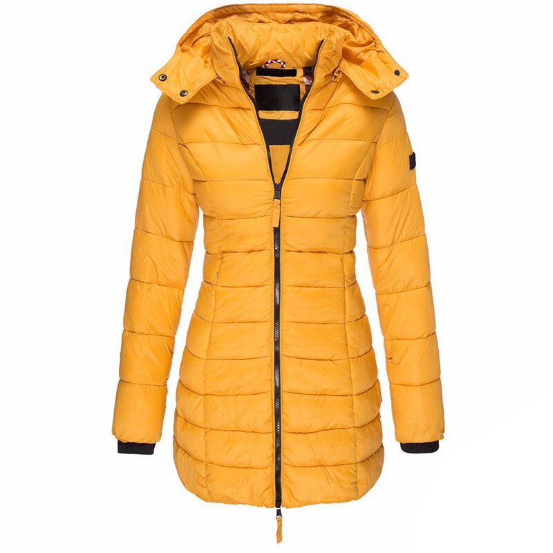 Elise lange Daunenjacke mit Kapuze, Steppung und Reißverschluss, gelb