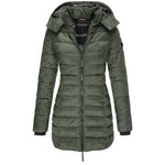 Elise lange Daunenjacke mit Kapuze, Steppung und Reißverschluss, dunkelgrün