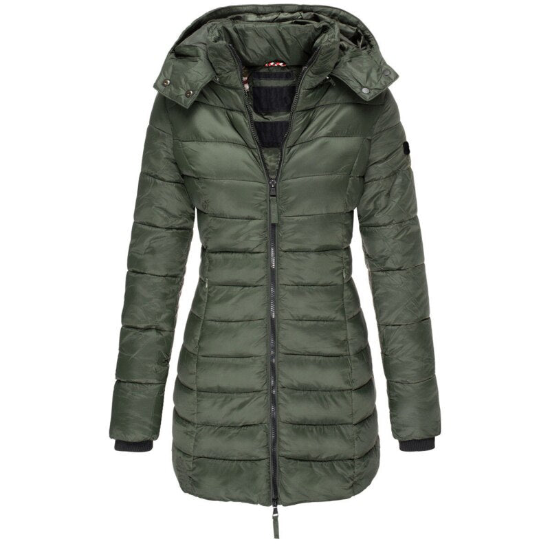 Elise lange Daunenjacke mit Kapuze, Steppung und Reißverschluss, dunkelgrün
