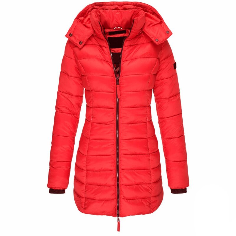 Elise lange Daunenjacke mit Kapuze, Steppung und Reißverschluss, rot