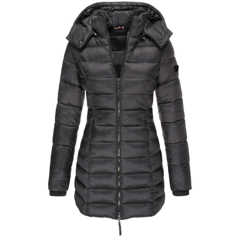 Elise lange Daunenjacke mit Kapuze, Steppung und Reißverschluss, schwarz